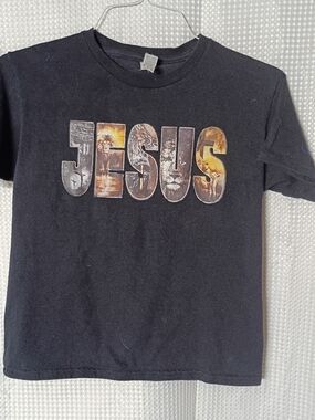 Gildan Black Kids T-Shirt with 'JESUS' Scenic Lettering